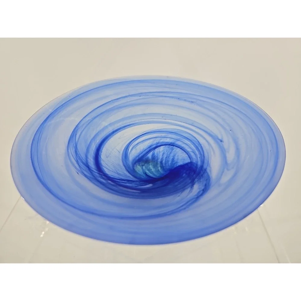 Satin blue Swirl Compote  Polished  Clear Glass Base W/ Bubbles 7